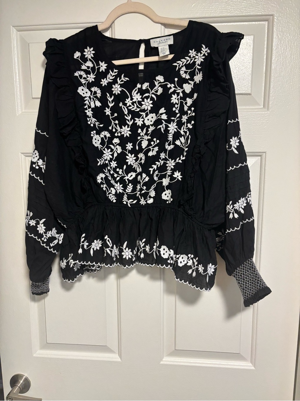 Calypso St. Barth Black Peasant Top with White Floral Embroidery 100% Cotton